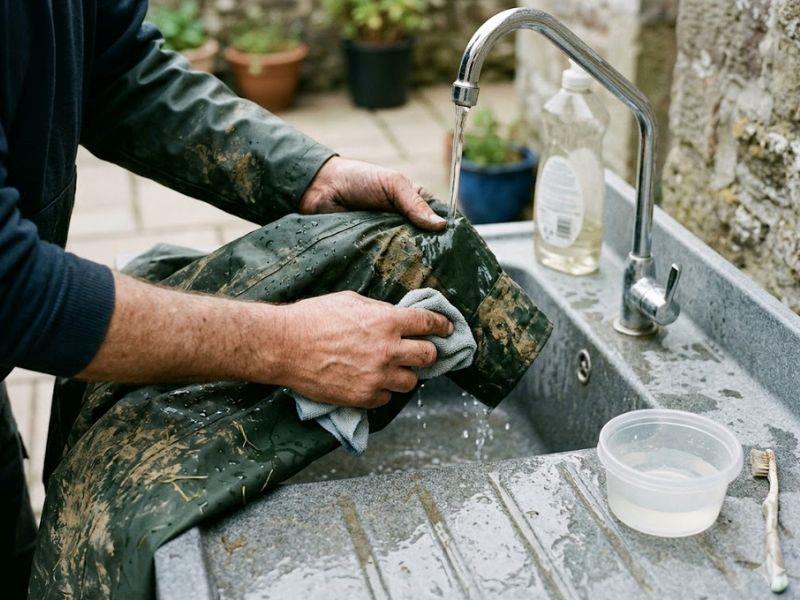 Cách giặt áo mưa bằng máy giặt: làm sạch sơ bộ bề mặt áo