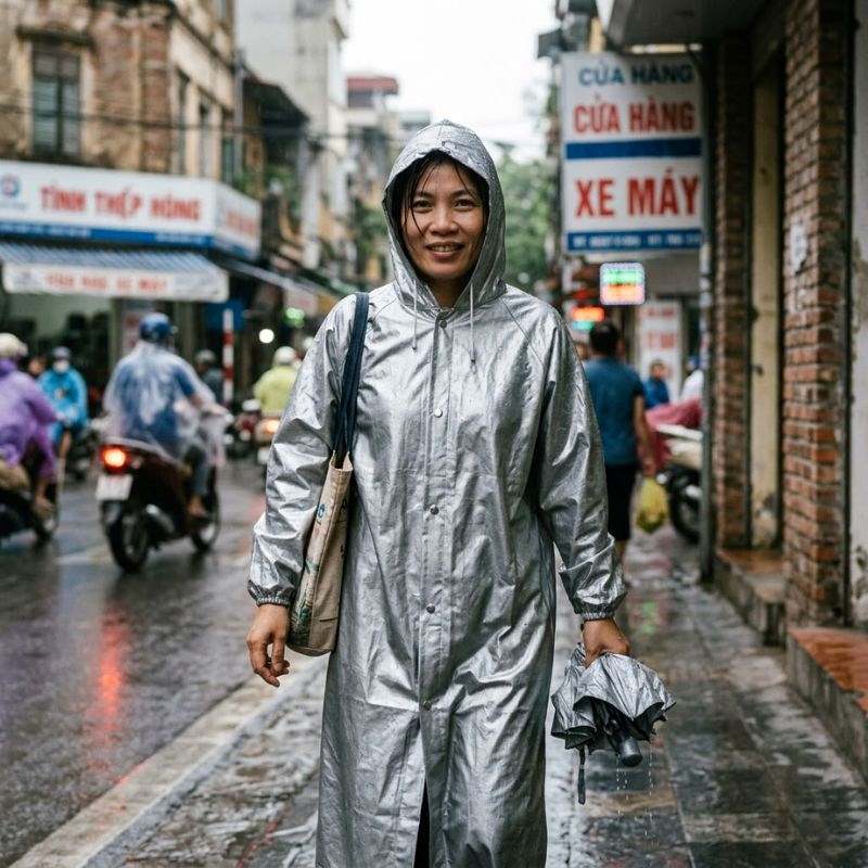 Lớp tráng bạc và phủ PU giúp áo mưa phản xạ nhiệt, bảo vệ da 