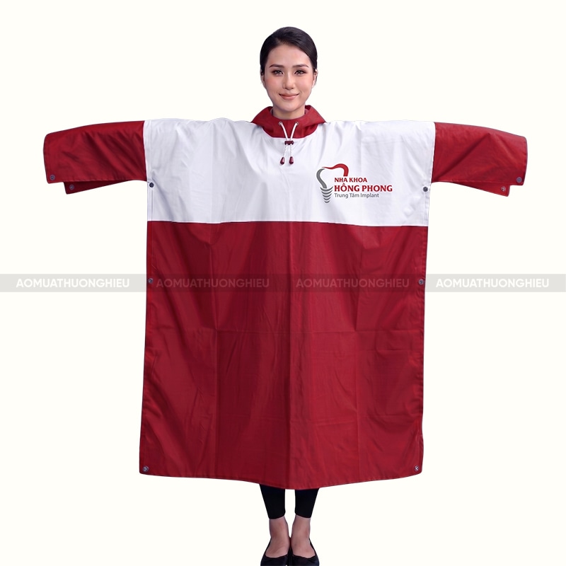 Áo mưa quà tặng in logo màu đỏ phối trắng 1