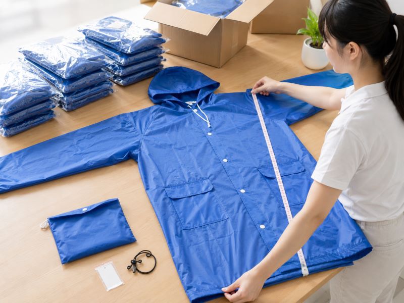 Đo kích thước và kiểm tra phom dáng của áo mưa